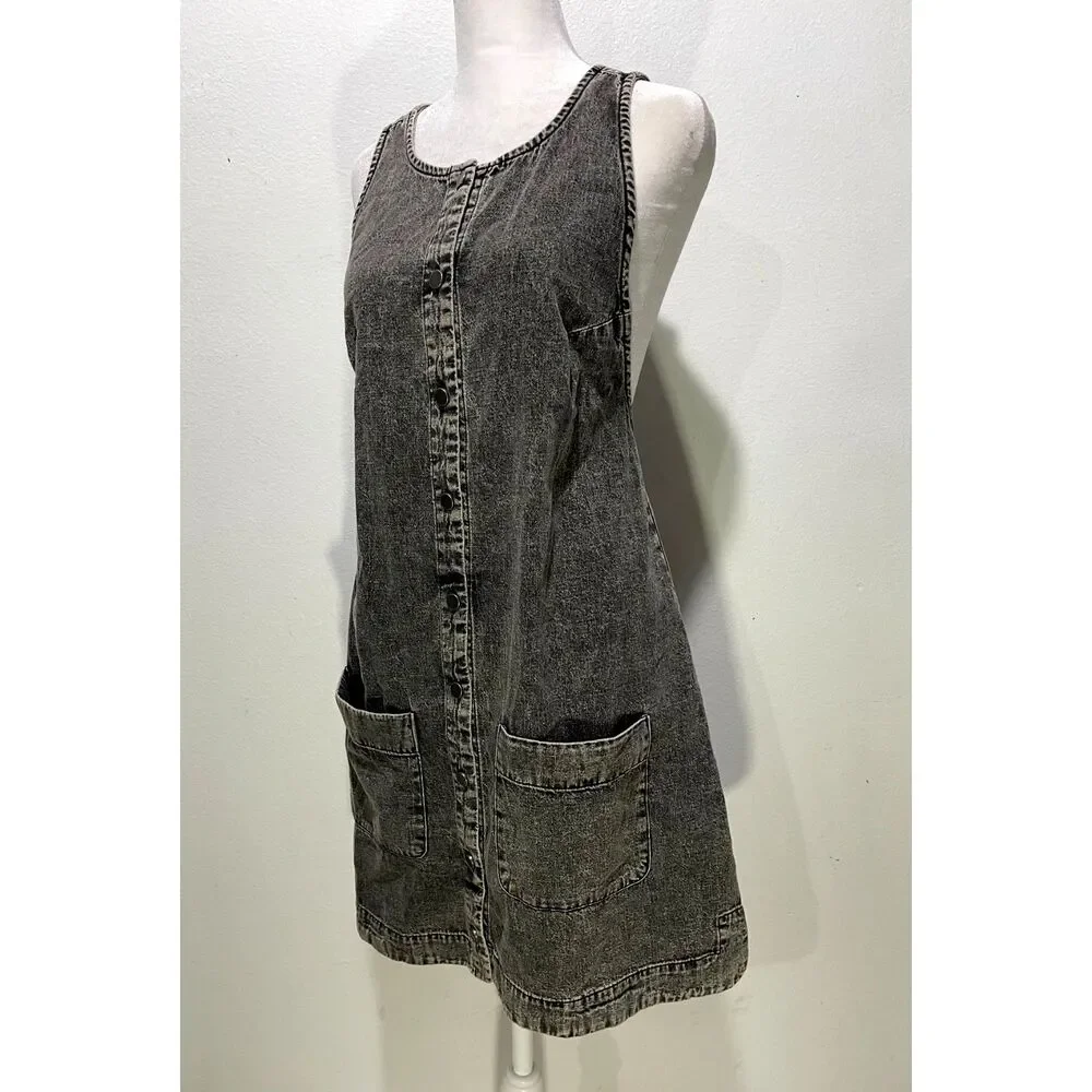 Free People denim overall dress black acid wash front pockets casual women XS
